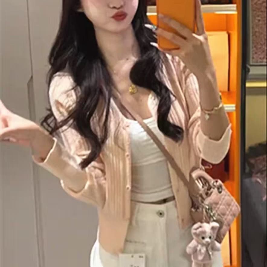 한 부서 느긋한 바람 V넥 니트 스웨터 여성 긴 소매 오픈 가디건 조기 봄 슬림해 보이는 하이웨이스트 쇼트 스타일 몸매 가꾸기 만나는 맨위 이미지 5