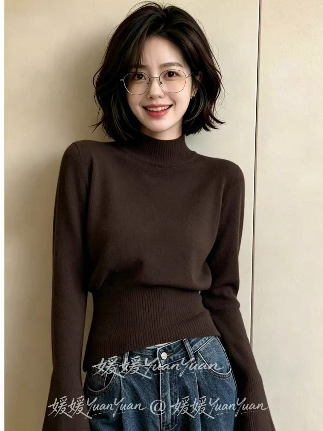 한 부서 품격 반하이넥 나팔 소매 니트 스웨터 여성 2026 가을 겨울 허리 수축 슬림해 보이는 긴팔 기본 셔츠 nis 트렌디 이미지 3