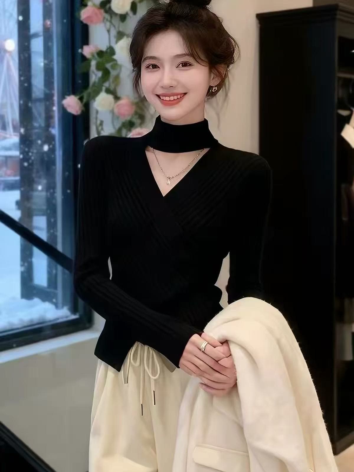 겨울 검정색 행침 목 기본 셔츠 여성 2026 새로운 빛 럭셔리 고급 센스 스웨터 슈퍼 화재 작은 대중 아니요 명중 섹션 맨위 이미지 3