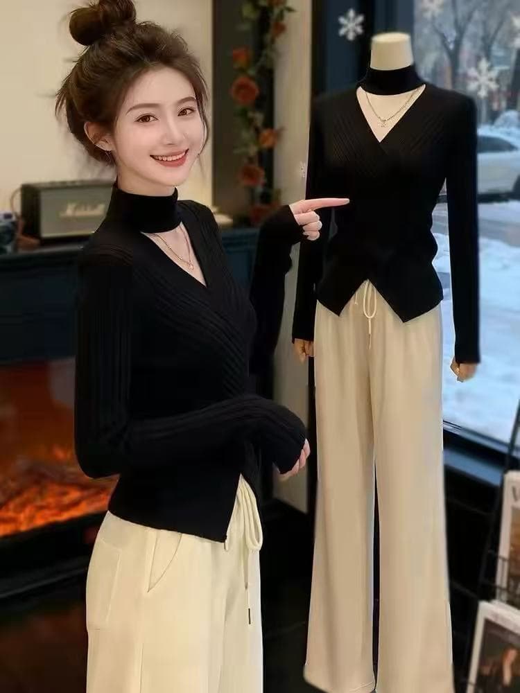 겨울 검정색 행침 목 기본 셔츠 여성 2026 새로운 빛 럭셔리 고급 센스 스웨터 슈퍼 화재 작은 대중 아니요 명중 섹션 맨위 상세 이미지 1