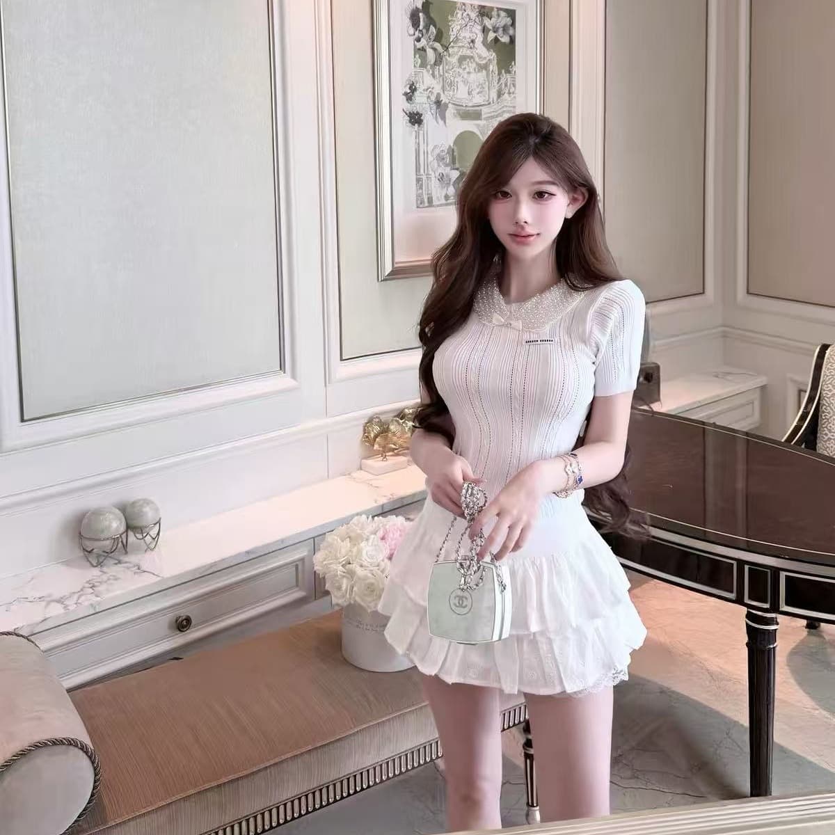 qiauuu 비싼 여성 일상 부유 한 가족 천 금빛 바람 달콤함 비즈 박기 칼라 구덩이 기사 몸매 가꾸기 니트 반팔 맨위 여성 이미지 5