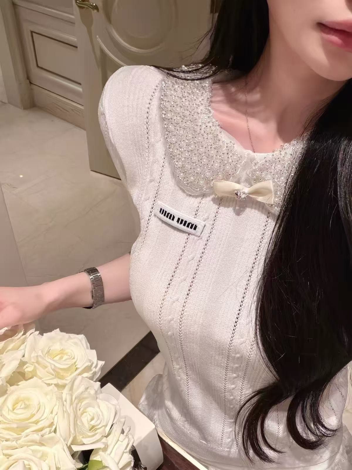 qiauuu 비싼 여성 일상 부유 한 가족 천 금빛 바람 달콤함 비즈 박기 칼라 구덩이 기사 몸매 가꾸기 니트 반팔 맨위 여성 상세 이미지 4