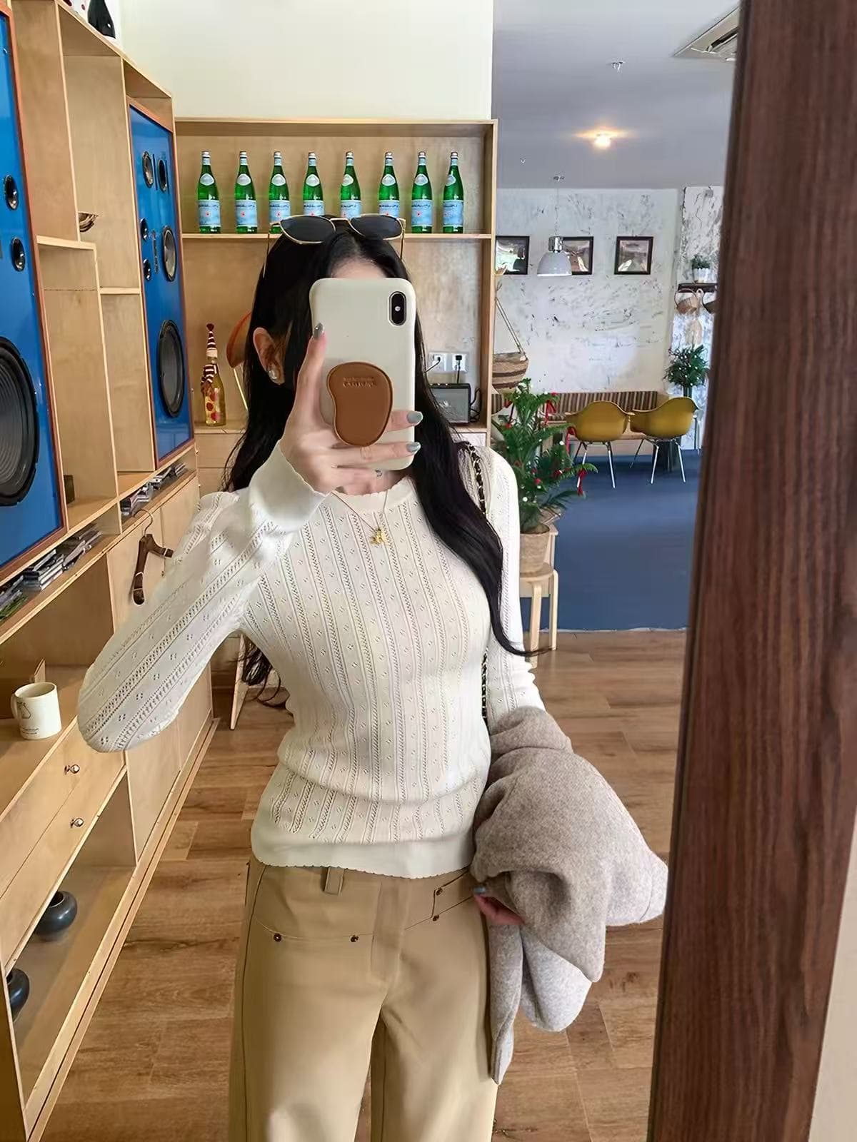 kumikumi 미니멀리즘 바람 단색 홀로우 아웃 라운드 넥 니트 스웨터 여성 의류 가을 몸매 가꾸기 슬림해 보이는 품격 다용도 맨위