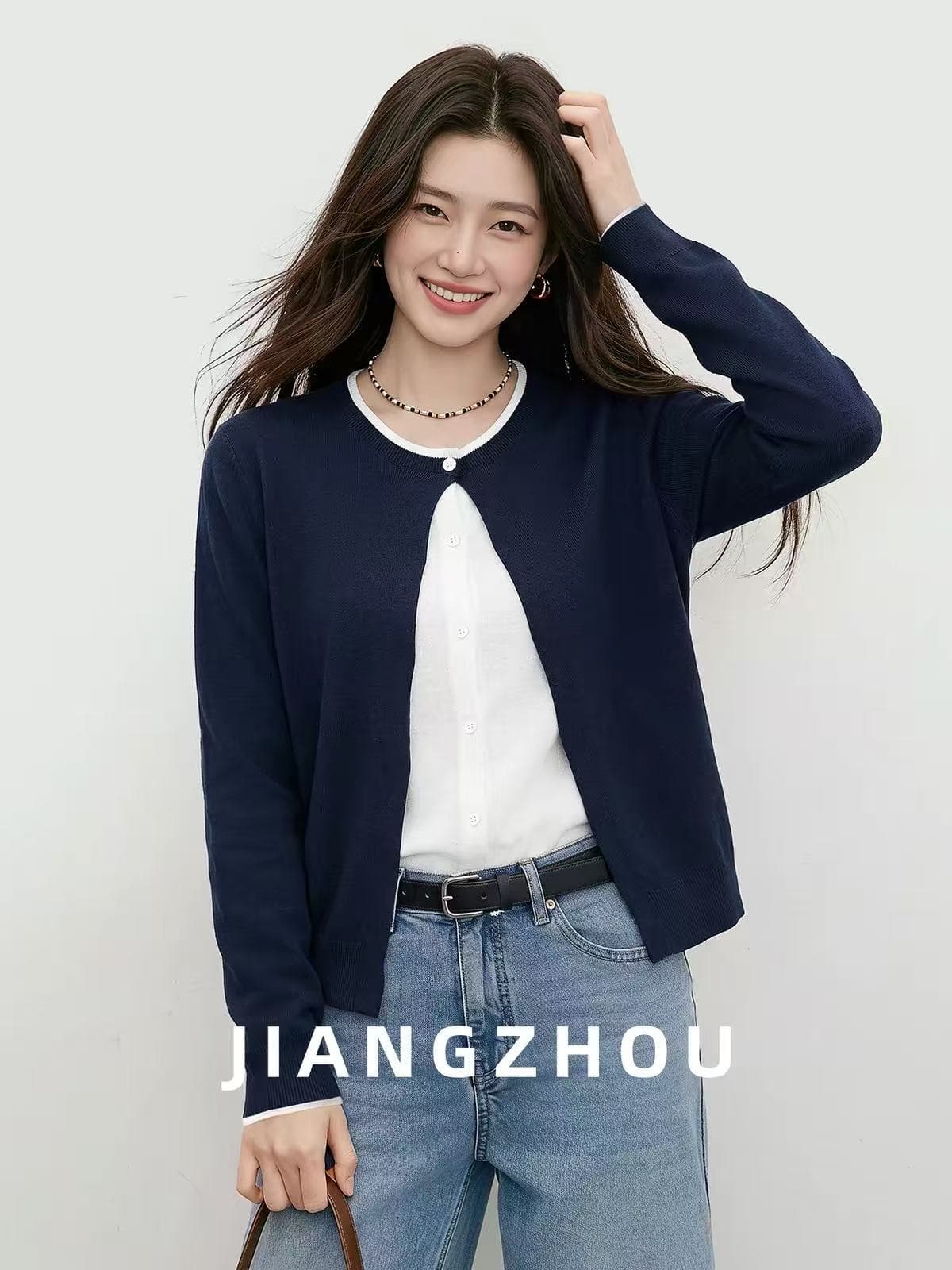 강 대륙 jiangz 가을 새로운 캐주얼 배색 패치워크 긴팔 니트 스웨터 루즈핏 출퇴근 페이크 레이어드 맨위 상세 이미지 2