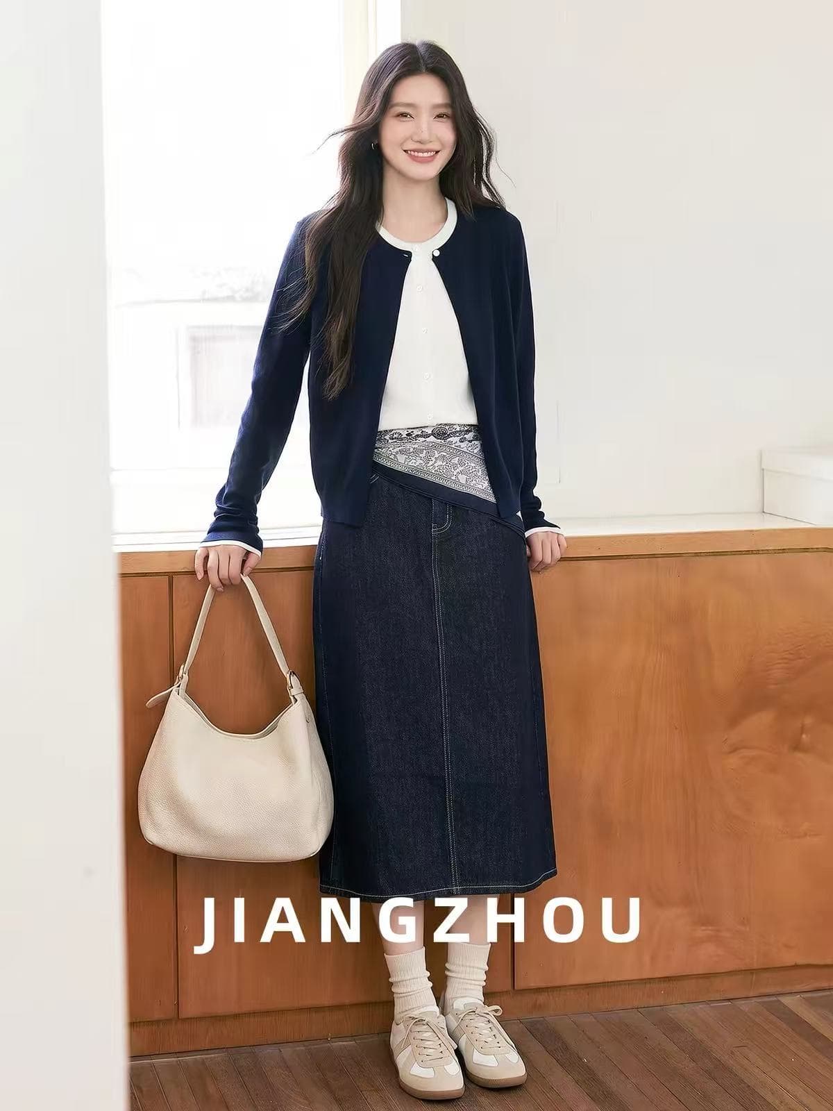 강 대륙 jiangz 가을 새로운 캐주얼 배색 패치워크 긴팔 니트 스웨터 루즈핏 출퇴근 페이크 레이어드 맨위 상세 이미지 3