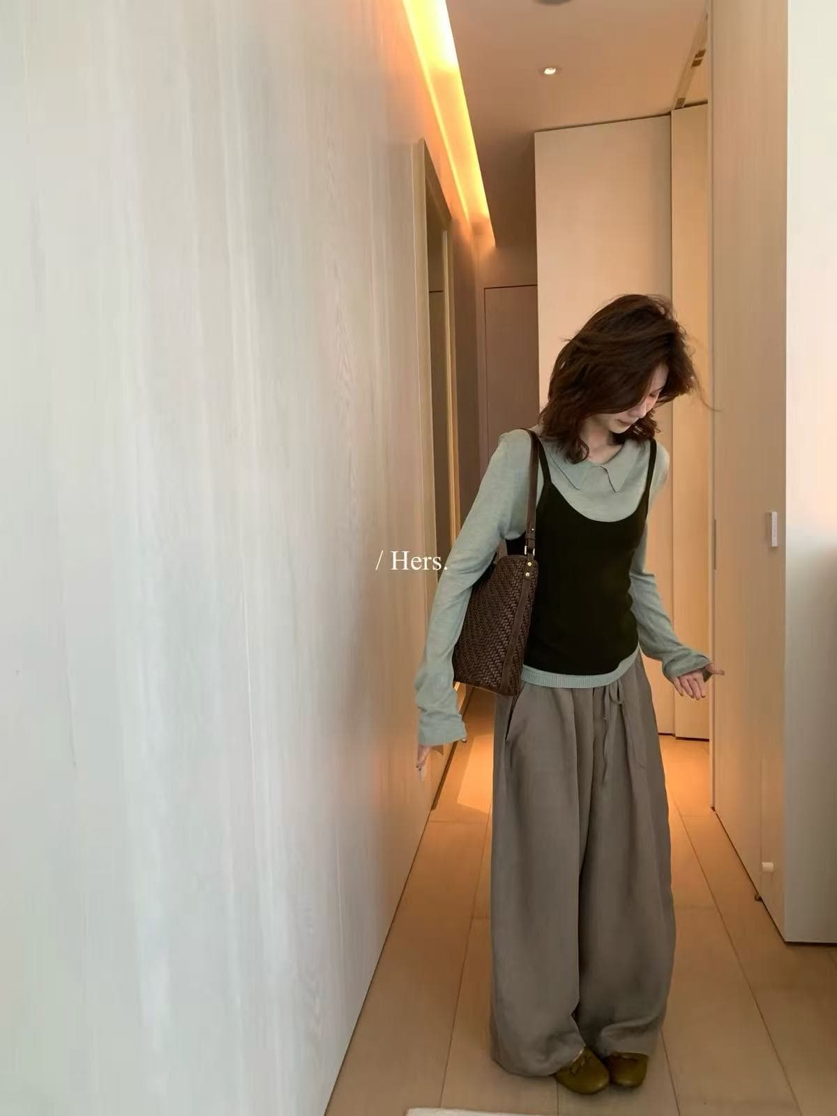 hers- 가을 한 부서 캐주얼 미니멀리즘 레트로 투피스 세트 니트 스웨터 캐미솔 세트 여성 이미지 4
