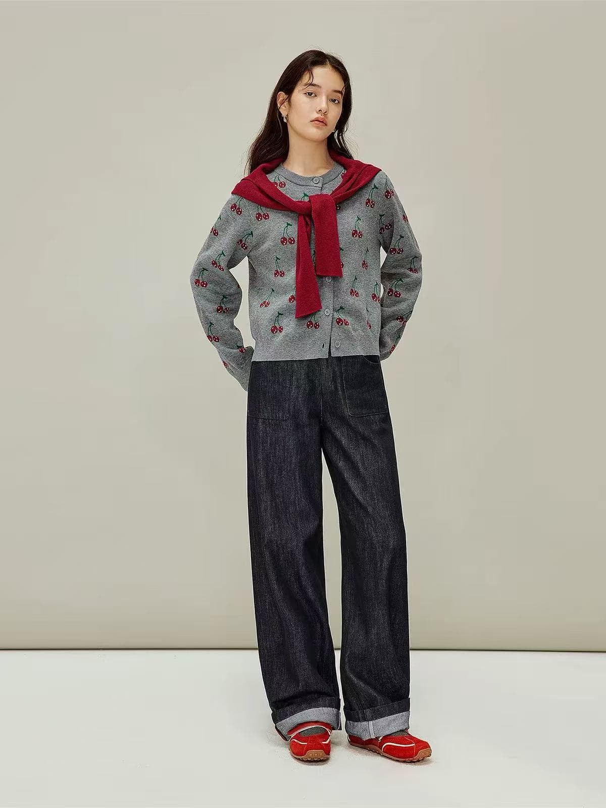 음과 남자 달콤함 체리 자카드 라운드 넥 니트 오픈 가디건 여성 2026 년 가을 긴팔 해군 스웨터 코트 상세 이미지 4
