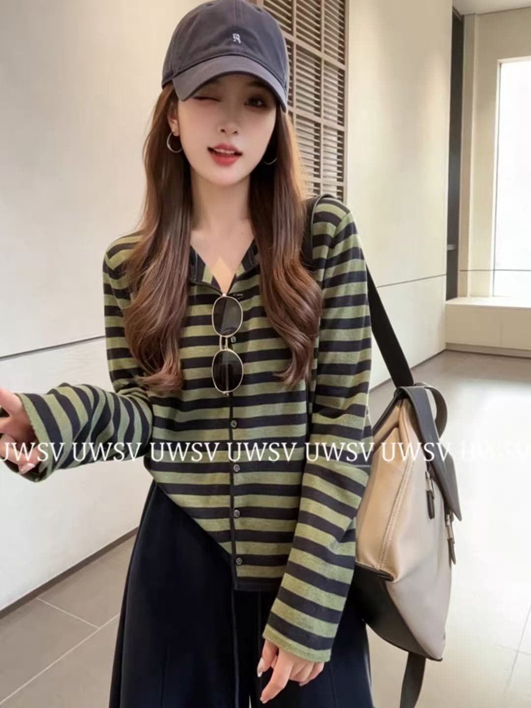 Annan uwsv 새로운 레트로 패션 디스플레이 얇고 작은 표준 스트라이프 오픈 가디건 스웨터 코트