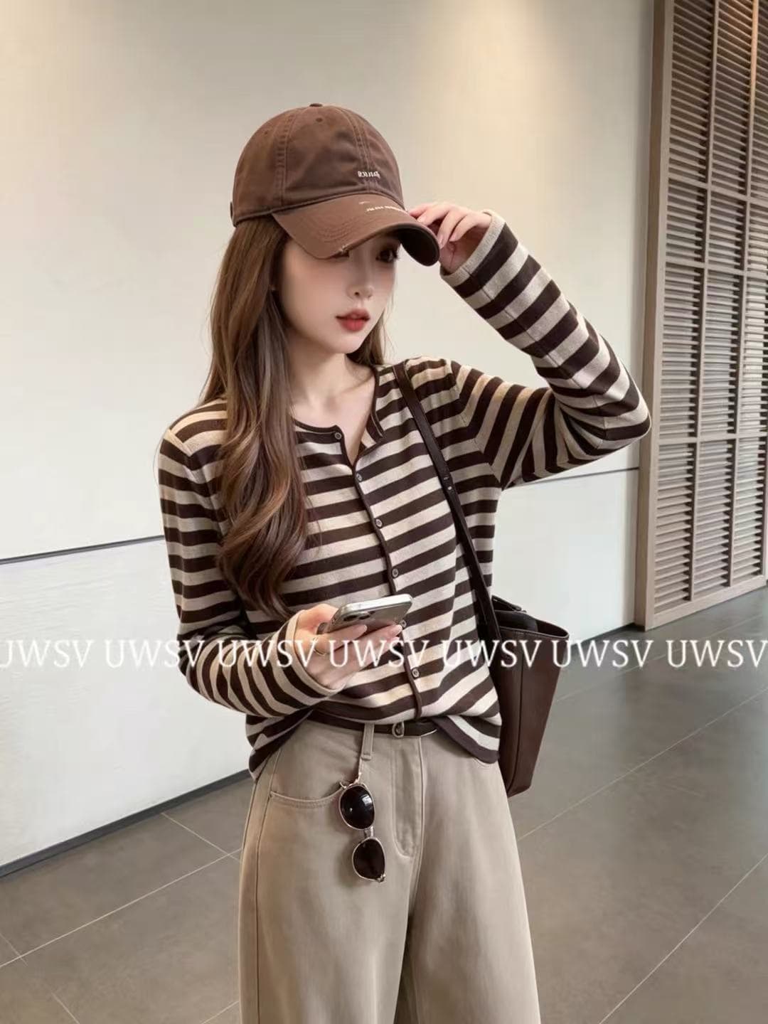 Annan uwsv 새로운 레트로 패션 디스플레이 얇고 작은 표준 스트라이프 오픈 가디건 스웨터 코트 이미지 4
