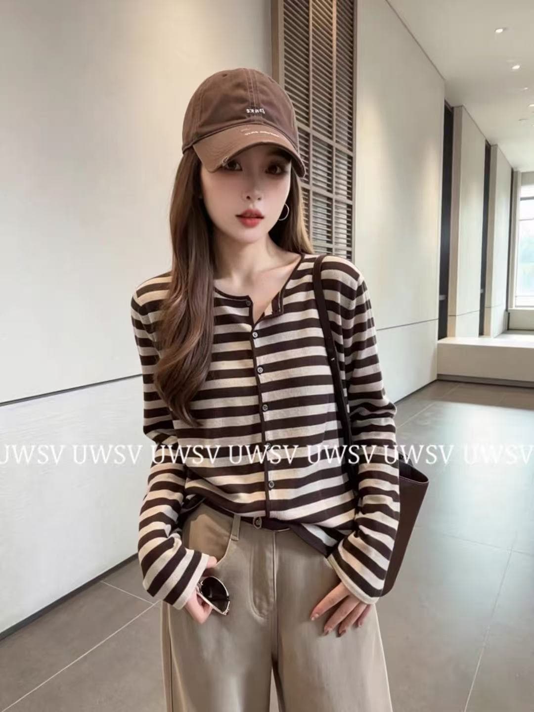 Annan uwsv 새로운 레트로 패션 디스플레이 얇고 작은 표준 스트라이프 오픈 가디건 스웨터 코트 이미지 2