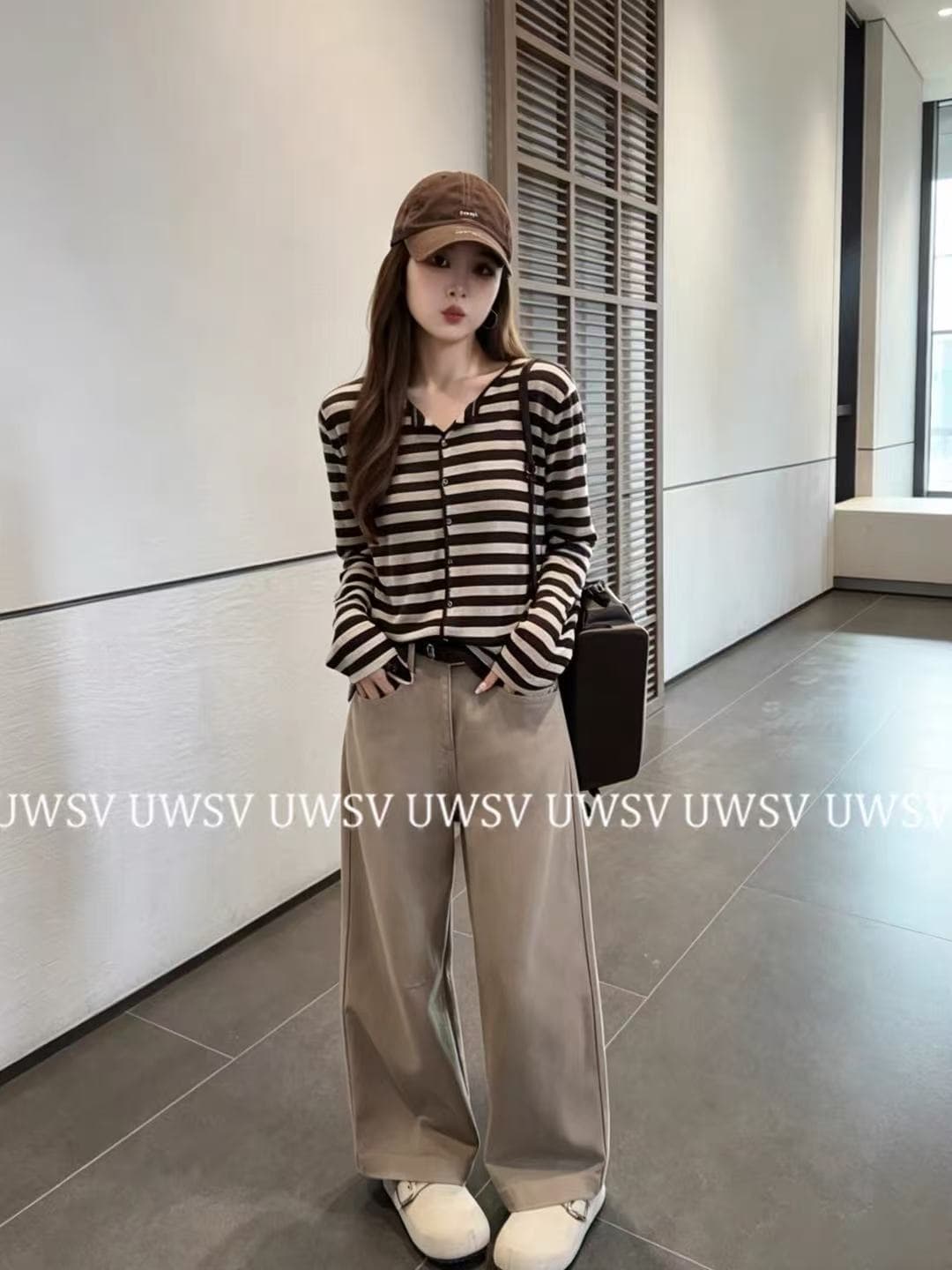 Annan uwsv 새로운 레트로 패션 디스플레이 얇고 작은 표준 스트라이프 오픈 가디건 스웨터 코트 상세 이미지 3