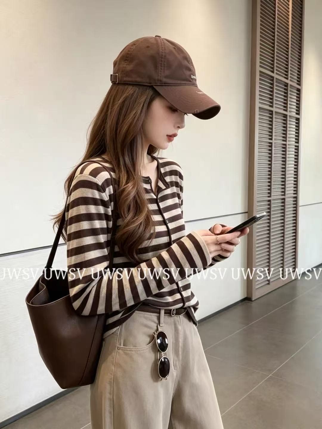Annan uwsv 새로운 레트로 패션 디스플레이 얇고 작은 표준 스트라이프 오픈 가디건 스웨터 코트 상세 이미지 5