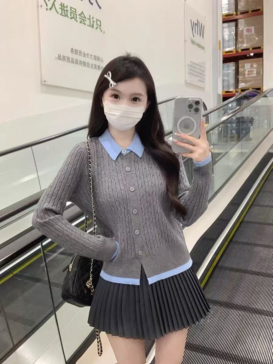 이른 가을 프랑스식 학원 스타일 배색 폴로 칼라 페이크 레이어드 니트 열기 털 의류 여성 재킷 꽈배기 그레이트 봐. 의류