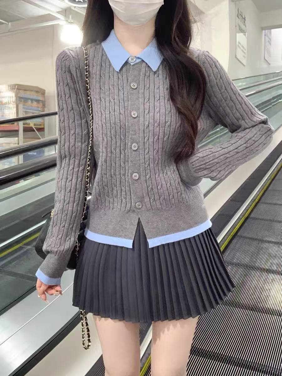 이른 가을 프랑스식 학원 스타일 배색 폴로 칼라 페이크 레이어드 니트 열기 털 의류 여성 재킷 꽈배기 그레이트 봐. 의류 이미지 3
