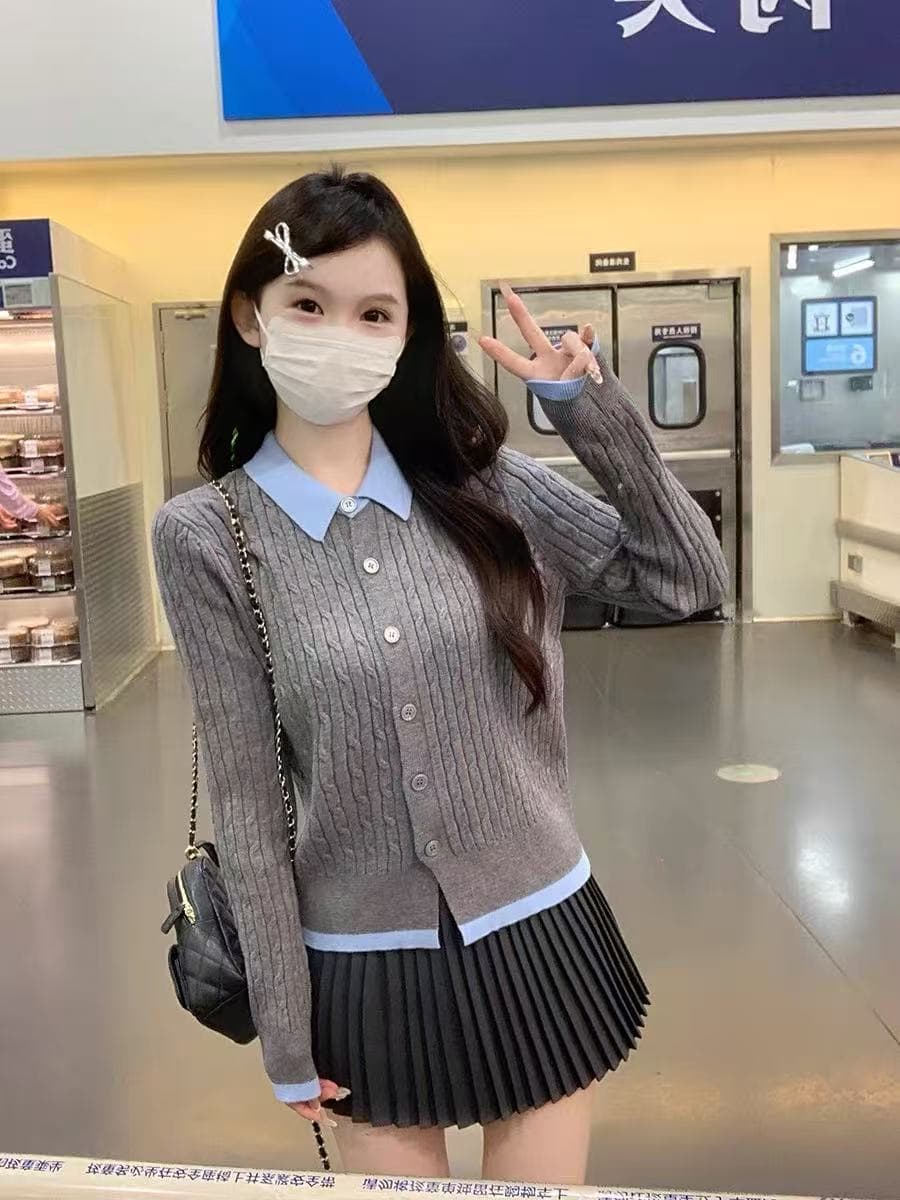 이른 가을 프랑스식 학원 스타일 배색 폴로 칼라 페이크 레이어드 니트 열기 털 의류 여성 재킷 꽈배기 그레이트 봐. 의류 이미지 2