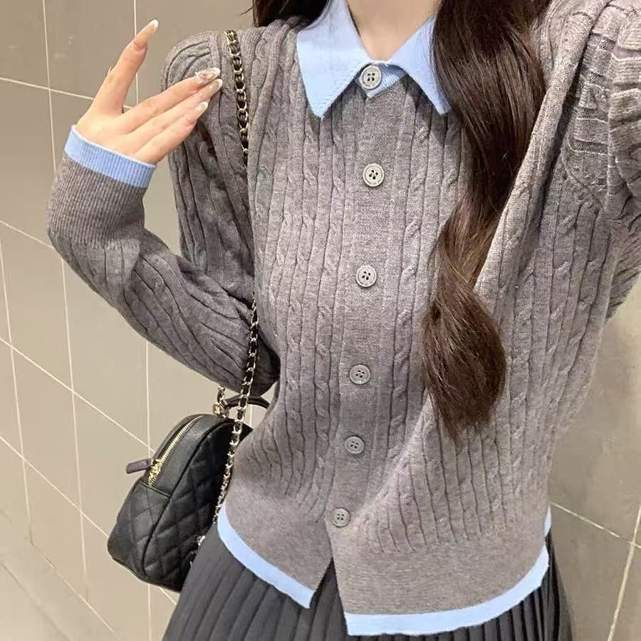 이른 가을 프랑스식 학원 스타일 배색 폴로 칼라 페이크 레이어드 니트 열기 털 의류 여성 재킷 꽈배기 그레이트 봐. 의류 이미지 5