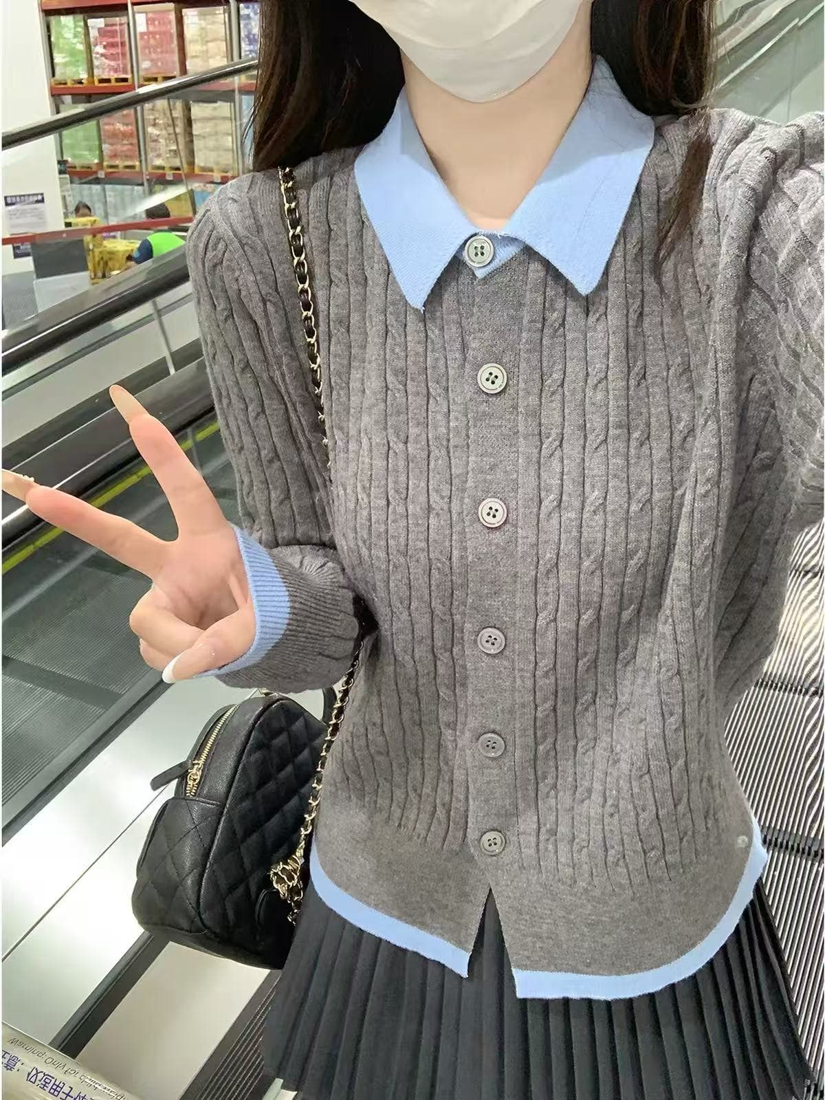이른 가을 프랑스식 학원 스타일 배색 폴로 칼라 페이크 레이어드 니트 열기 털 의류 여성 재킷 꽈배기 그레이트 봐. 의류 상세 이미지 4