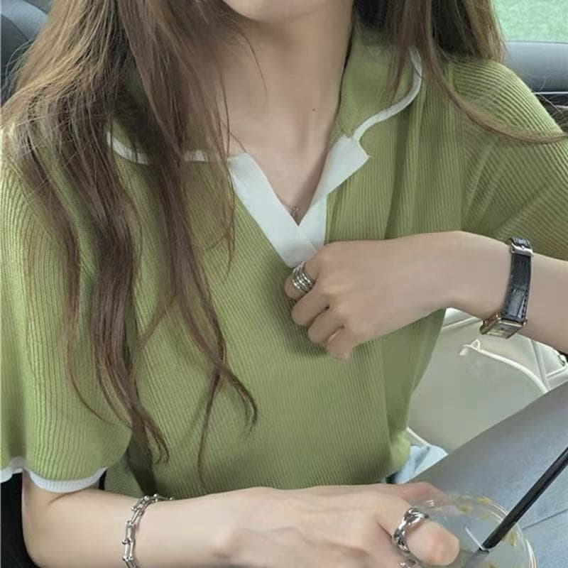 버터 과일 녹색 반팔 티셔츠 여성 여름 얇은 폴로 칼라 얼음 실크 니트 스웨터 작은 샤넬 스타일 프랑스식 POLO 칼라 쇼트 스타일 맨위 이미지 2