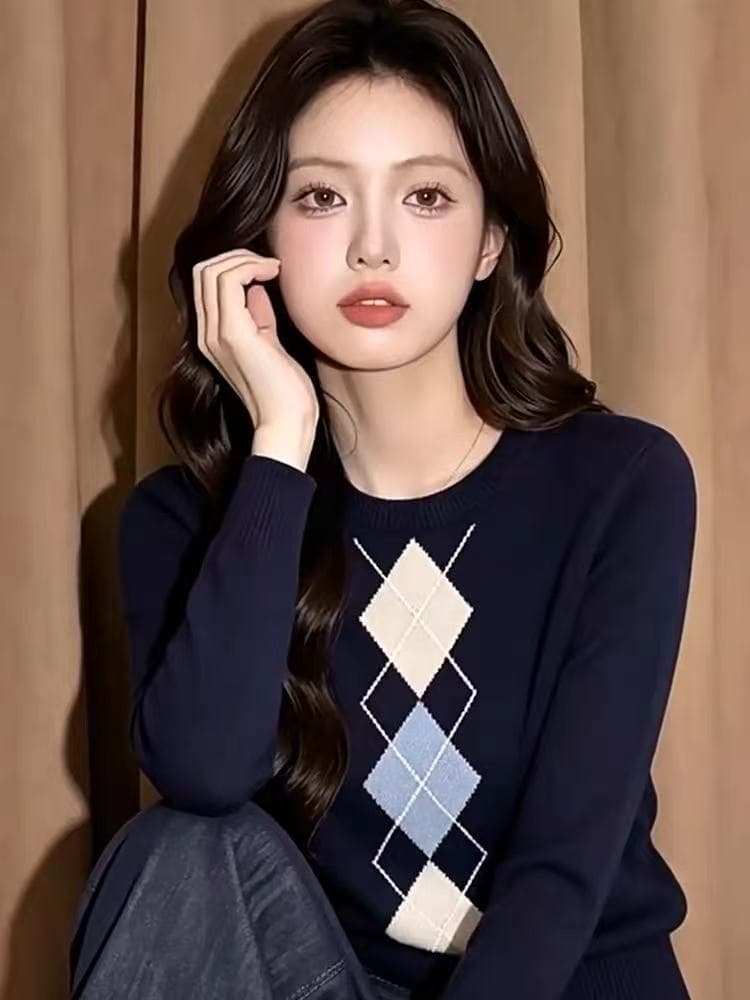 2026 가을 새로운 레트로 외국 가스 디자인 센스 슬림해 보이는 풀오버 링 그리드 긴팔 라운드 넥 니트 스웨터 여성 의류 맨위 이미지 4