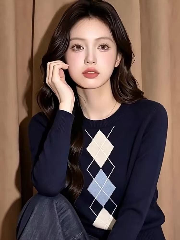 2026 가을 새로운 레트로 외국 가스 디자인 센스 슬림해 보이는 풀오버 링 그리드 긴팔 라운드 넥 니트 스웨터 여성 의류 맨위 상세 이미지 4
