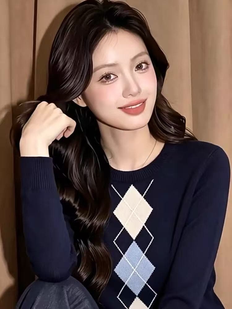 2026 가을 새로운 레트로 외국 가스 디자인 센스 슬림해 보이는 풀오버 링 그리드 긴팔 라운드 넥 니트 스웨터 여성 의류 맨위 상세 이미지 5