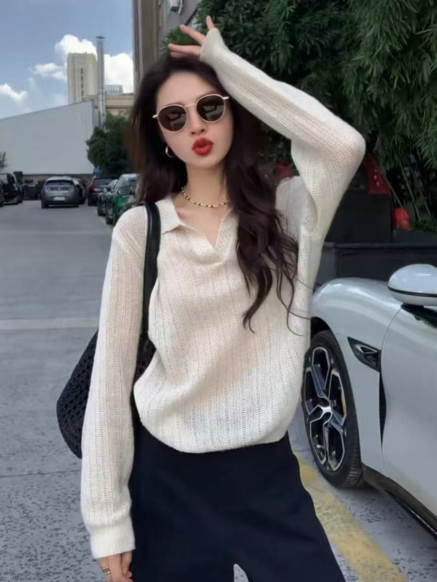 프랑스식 홀로우 아웃 니트 POLO 셔츠 여성 이른 가을 착용 가져 가라. 고급 센스 chic Chic 느긋한 오래된 돈 바람 폴로 칼라 맨위 이미지 3