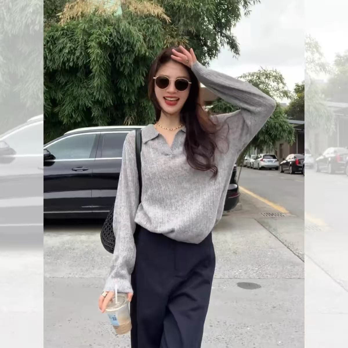 프랑스식 홀로우 아웃 니트 POLO 셔츠 여성 이른 가을 착용 가져 가라. 고급 센스 chic Chic 느긋한 오래된 돈 바람 폴로 칼라 맨위 이미지 4