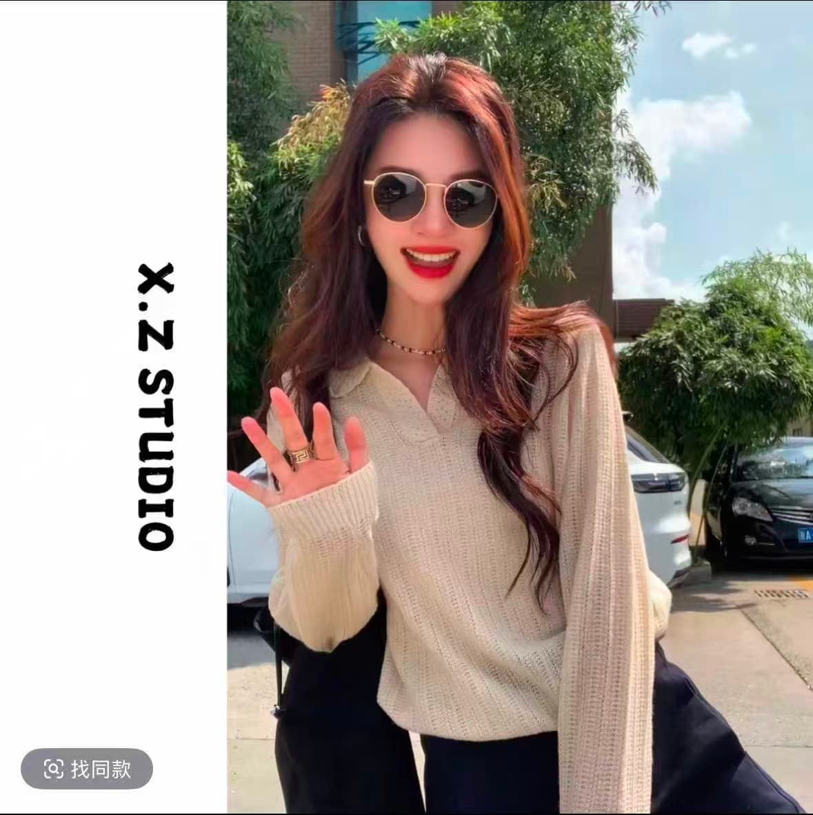 프랑스식 홀로우 아웃 니트 POLO 셔츠 여성 이른 가을 착용 가져 가라. 고급 센스 chic Chic 느긋한 오래된 돈 바람 폴로 칼라 맨위 상세 이미지 1