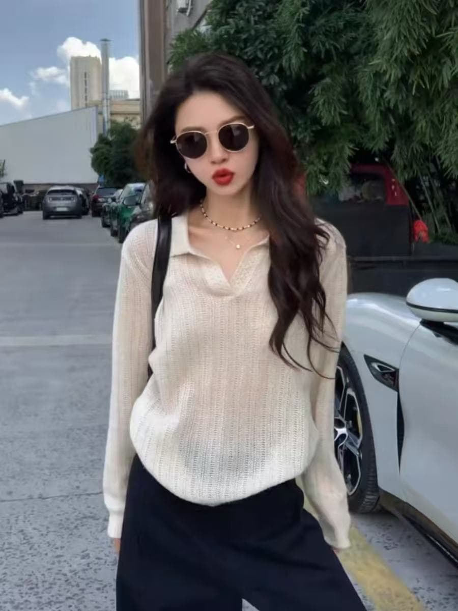 프랑스식 홀로우 아웃 니트 POLO 셔츠 여성 이른 가을 착용 가져 가라. 고급 센스 chic Chic 느긋한 오래된 돈 바람 폴로 칼라 맨위 상세 이미지 3