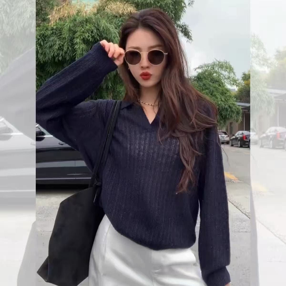 프랑스식 홀로우 아웃 니트 POLO 셔츠 여성 이른 가을 착용 가져 가라. 고급 센스 chic Chic 느긋한 오래된 돈 바람 폴로 칼라 맨위 상세 이미지 5