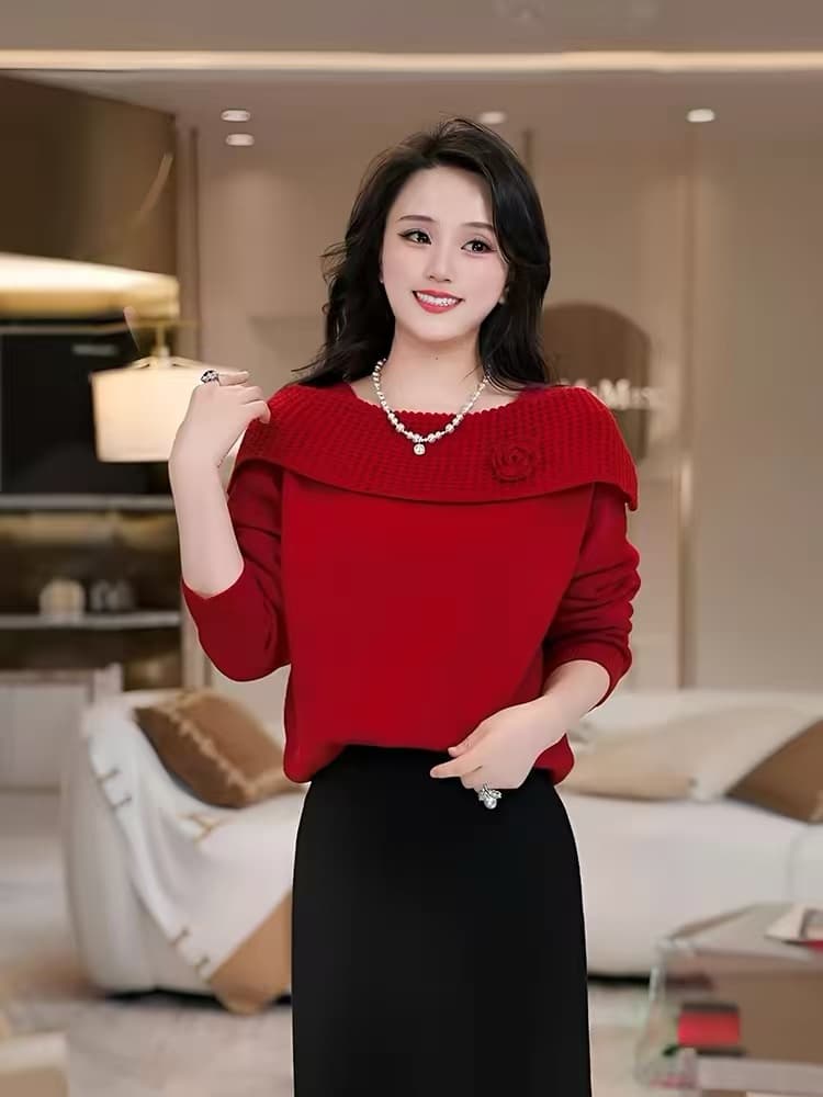 장미 그리스어 부드러운 장미 빨간색 오프숄더 스웨터 기본 셔츠 여성 가을 니트 스웨터 수 있습니다. 외출용 인사이드 가져 가라. 상세 이미지 1