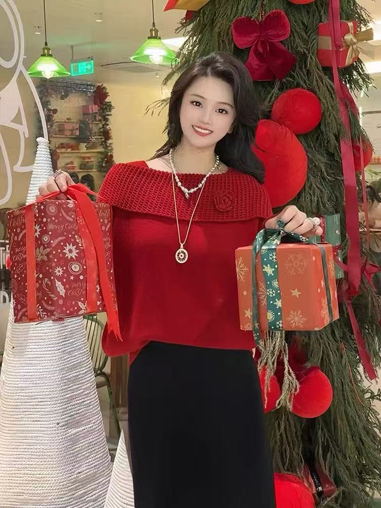 장미 그리스어 부드러운 장미 빨간색 오프숄더 스웨터 기본 셔츠 여성 가을 니트 스웨터 수 있습니다. 외출용 인사이드 가져 가라. 상세 이미지 4
