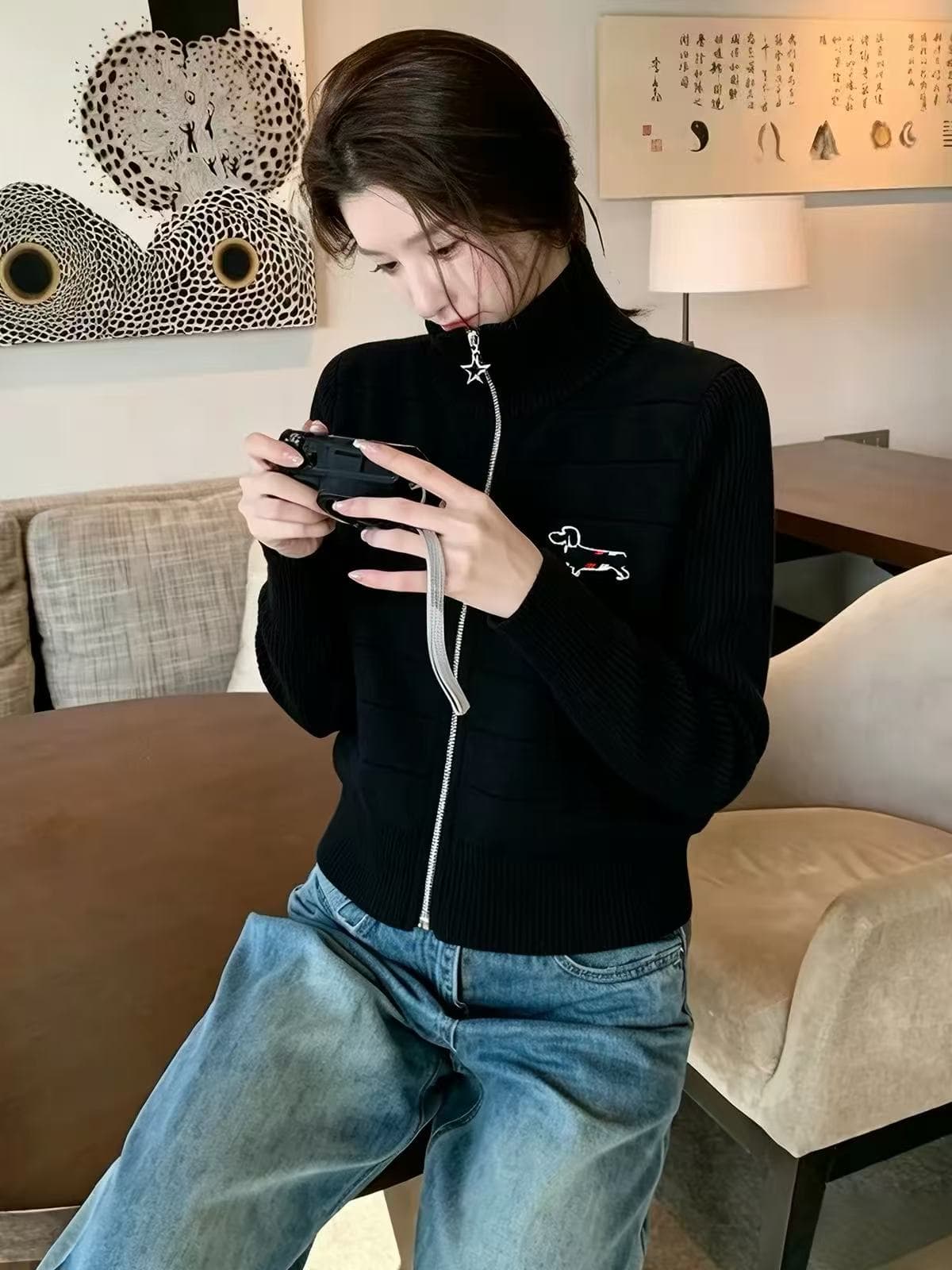 가을 겨울 새로운 학원 스타일 네 도로 바 뒤로 강아지 자수 지퍼 스탠드 칼라 니트 오픈 가디건 트렌디 상세 이미지 1