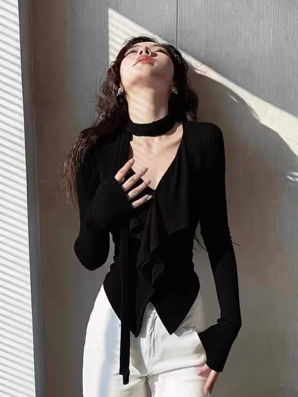 사스레 피나무 속 레몬 황색 긴팔 티셔츠 2026 새로운 아름다운 자이언트 잘 생긴 허리 수축 슬림해 보이는 프릴 품격 여신 팬 맨위 상세 이미지 4