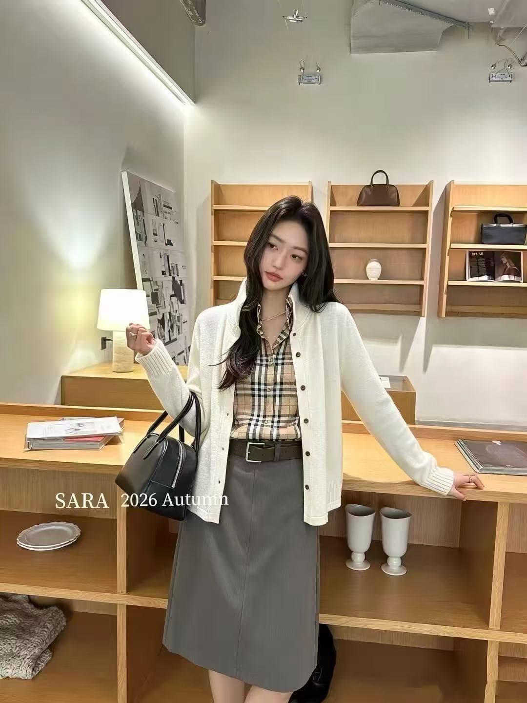sara 오래된 돈 바람 패치워크 체크무늬 페이크 레이어드 니트 오픈 가디건 여성 2026 가을 루즈핏 느긋한 바람 캐주얼 맨위 상세 이미지 3