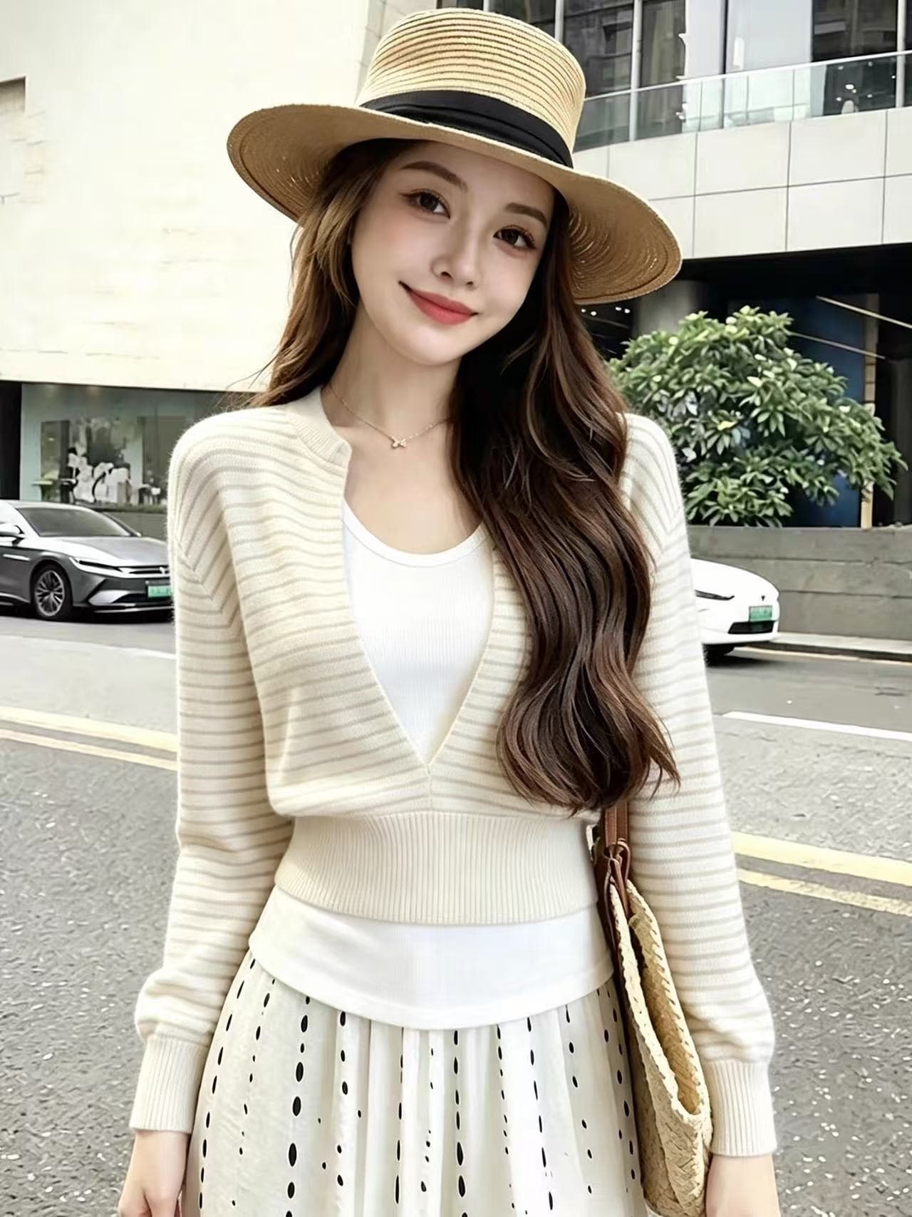 품격 고급 센스 페이크 레이어드 V넥 스트라이프 니트 스웨터 여성 2026 가을 새로운 다용도 슬림해 보이는 연령 감소 맨위 이미지 4