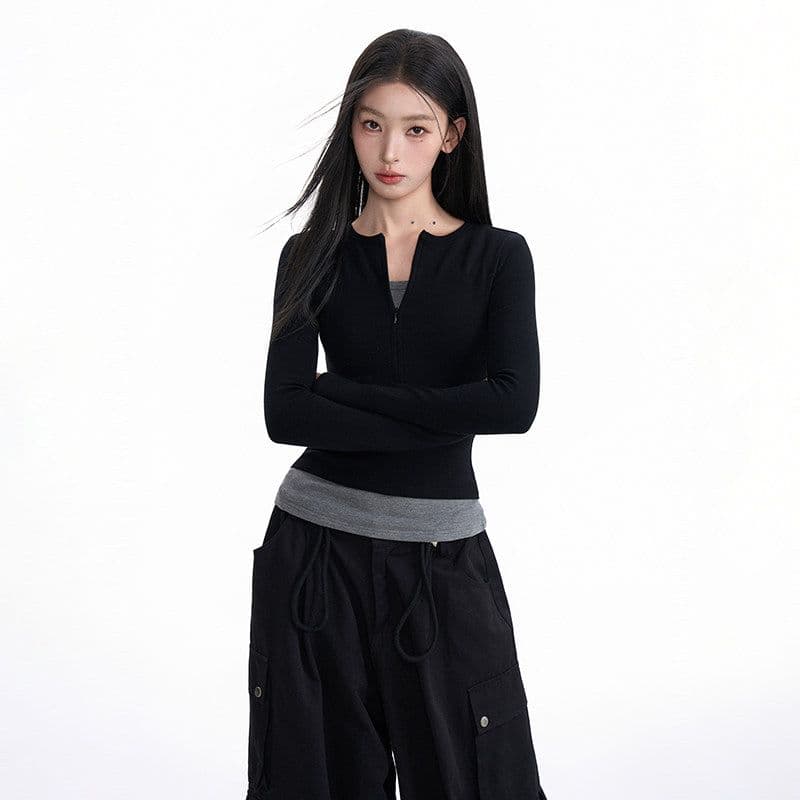 220 그램 부티크 양모 긴팔 티셔츠 기본 셔츠 얇은 배색 페이크 레이어드 몸매 가꾸기 세트 손가락 맨위 상세 이미지 4