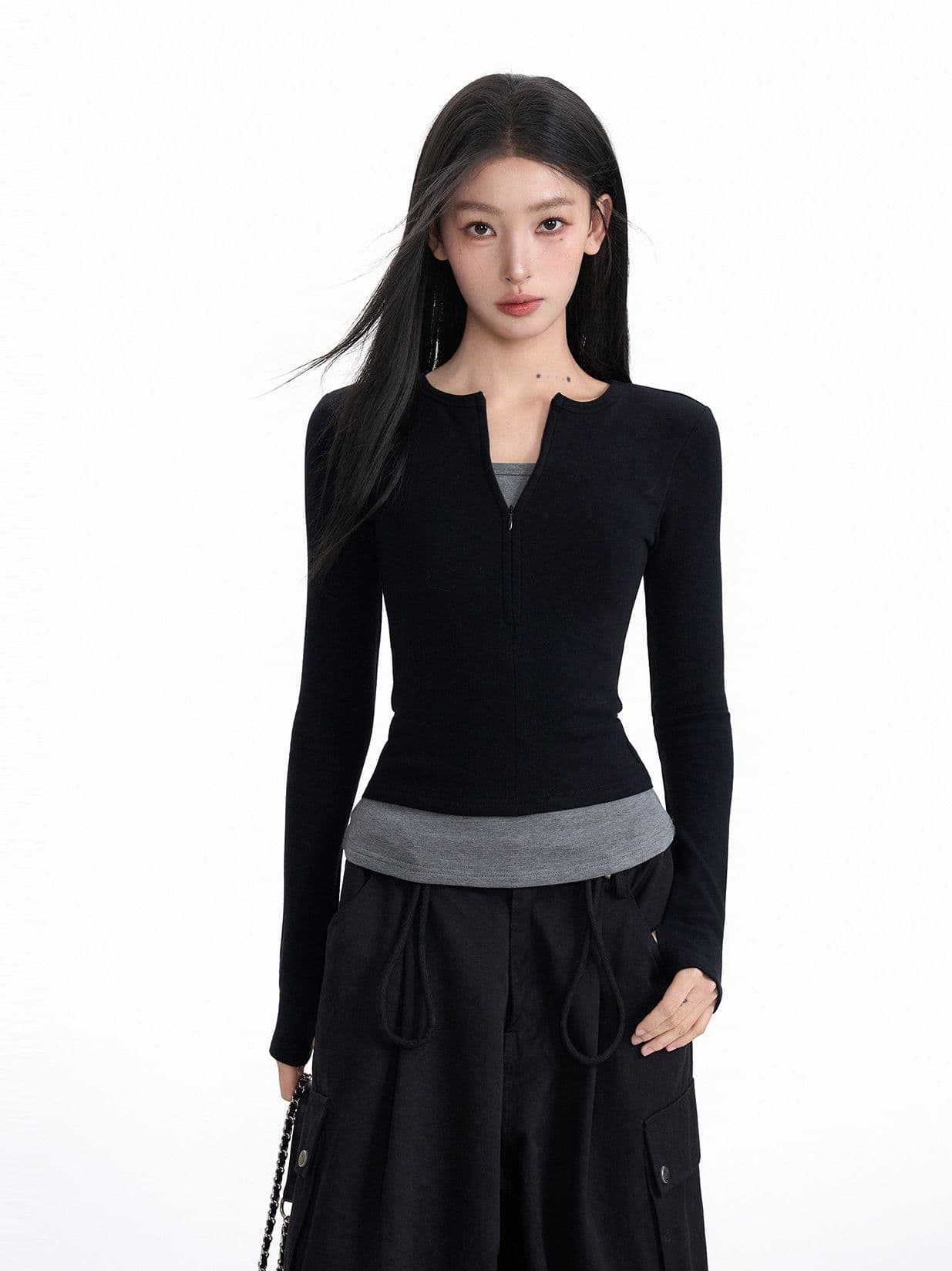 220 그램 부티크 양모 긴팔 티셔츠 기본 셔츠 얇은 배색 페이크 레이어드 몸매 가꾸기 세트 손가락 맨위 상세 이미지 7