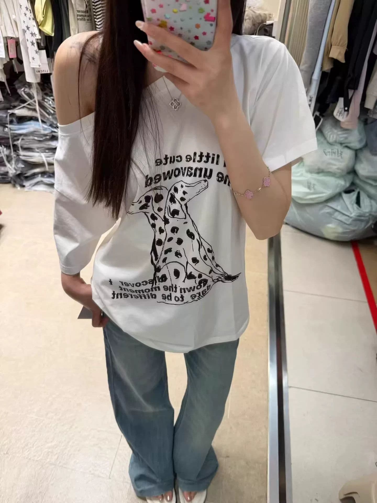 40 순면 220 그램 92 면 8 암모니아 Lun 비스듬한 칼라 오프숄더 오프숄더 반팔 티셔츠 여성 상세 이미지 2