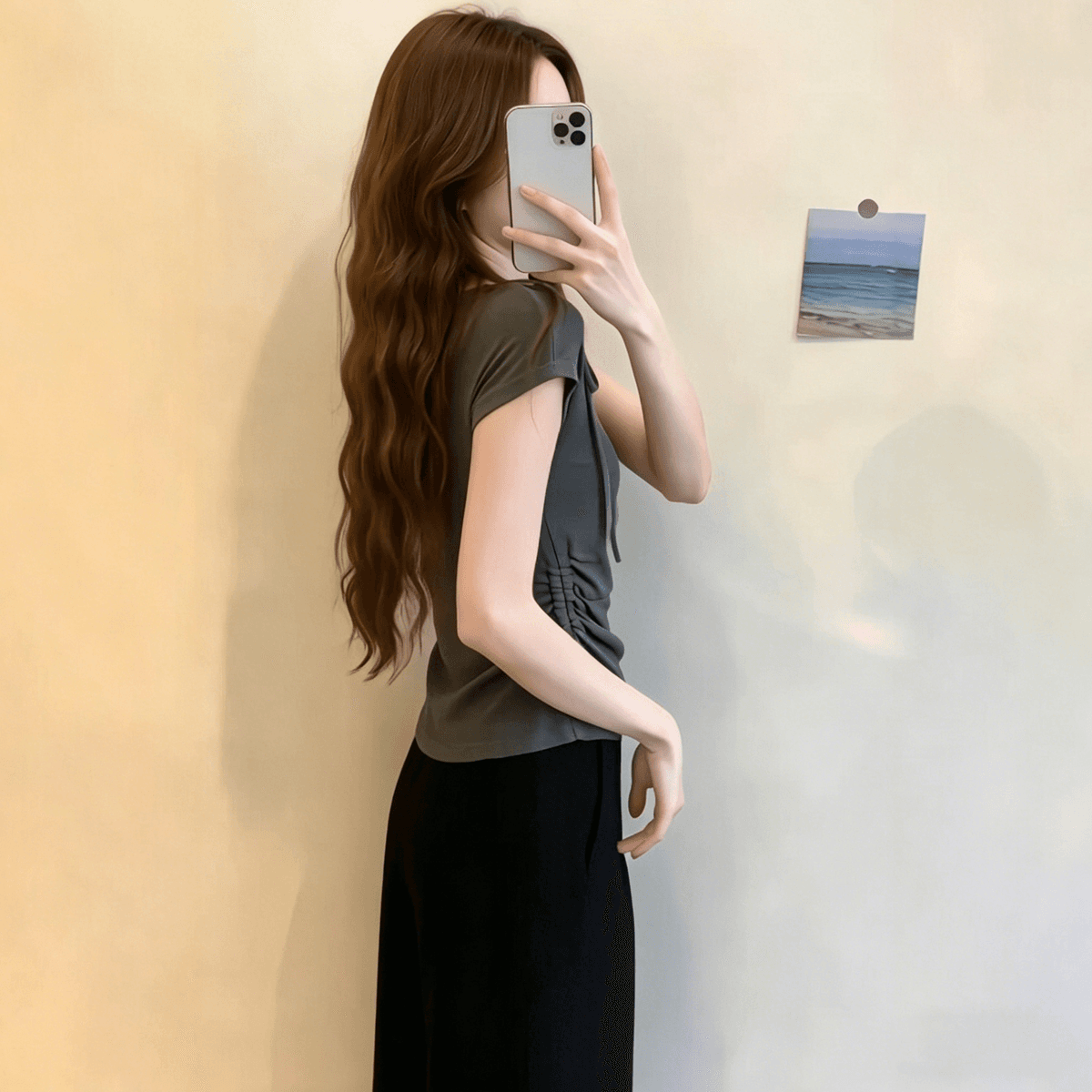 260 그램 사람들 면 리브 92 접착제 8 암모니아 Lun 디자인 센스 반팔 티셔츠 여성 여름 스트랩 몸매 가꾸기 슬림해 보이는 맨위 상세 이미지 5