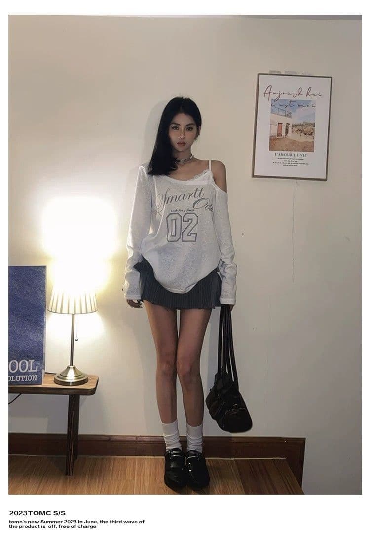 눈꽃 면 자외선 차단 맨위 레이스 슬립 오프숄더 디자인 센스 긴팔 티셔츠 페이크 레이어드 상세 이미지 6