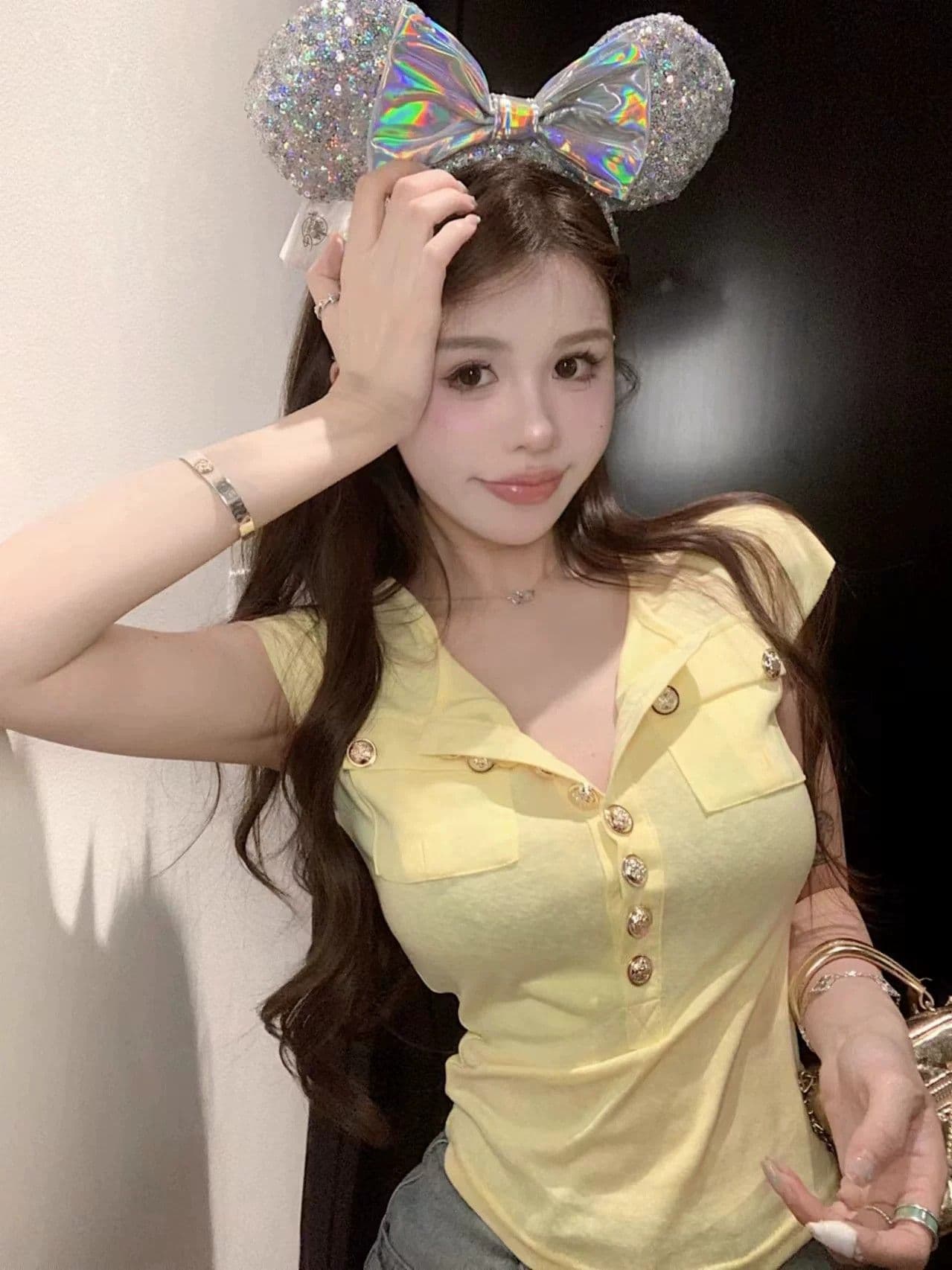 원본 품질 작은 날다 소매 싱글 줄 버튼 황색 맨위 순수한 욕망 바람 섹시함 t 상세 이미지 6