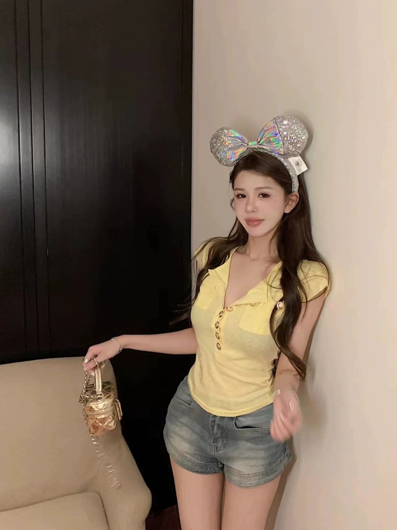 원본 품질 작은 날다 소매 싱글 줄 버튼 황색 맨위 순수한 욕망 바람 섹시함 t 상세 이미지 12