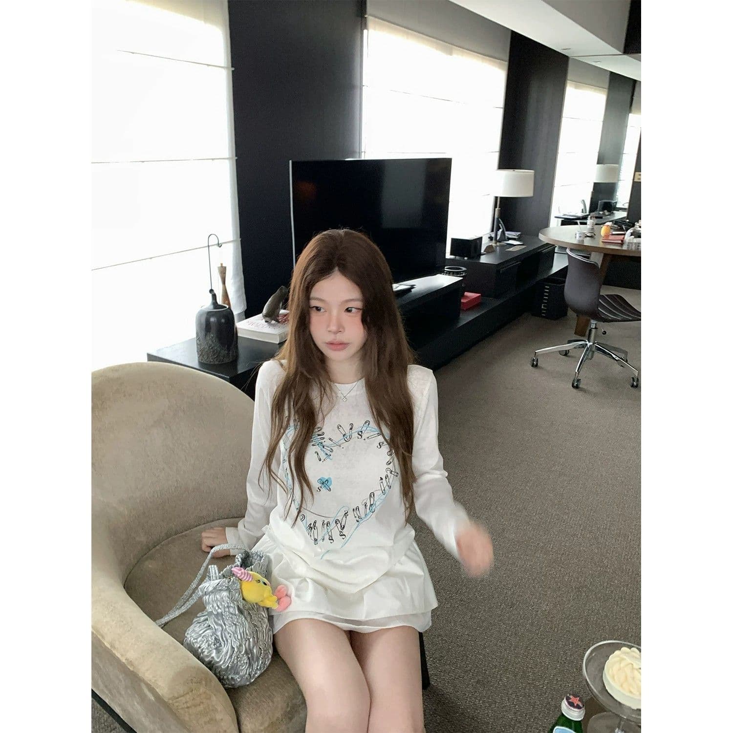 원본 것 하트 프린트 긴팔 티셔츠 여성 아름다운 쇼트 스타일 작은 맨위 이미지 5