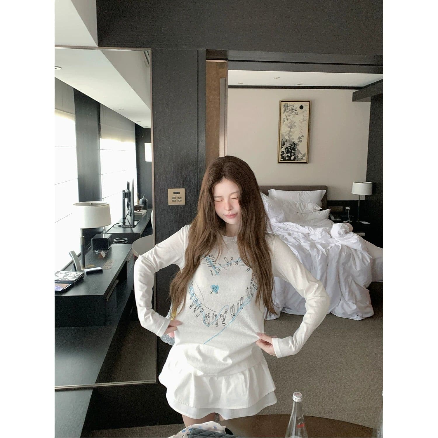 원본 것 하트 프린트 긴팔 티셔츠 여성 아름다운 쇼트 스타일 작은 맨위 이미지 3