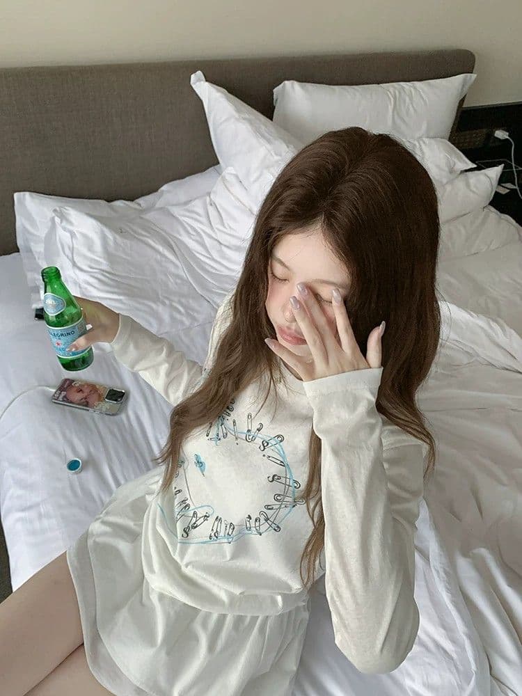 원본 것 하트 프린트 긴팔 티셔츠 여성 아름다운 쇼트 스타일 작은 맨위 상세 이미지 4