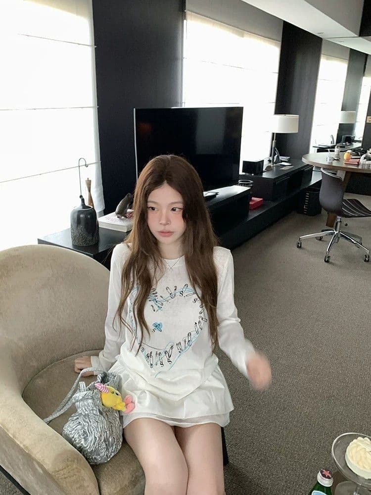 원본 것 하트 프린트 긴팔 티셔츠 여성 아름다운 쇼트 스타일 작은 맨위 상세 이미지 6