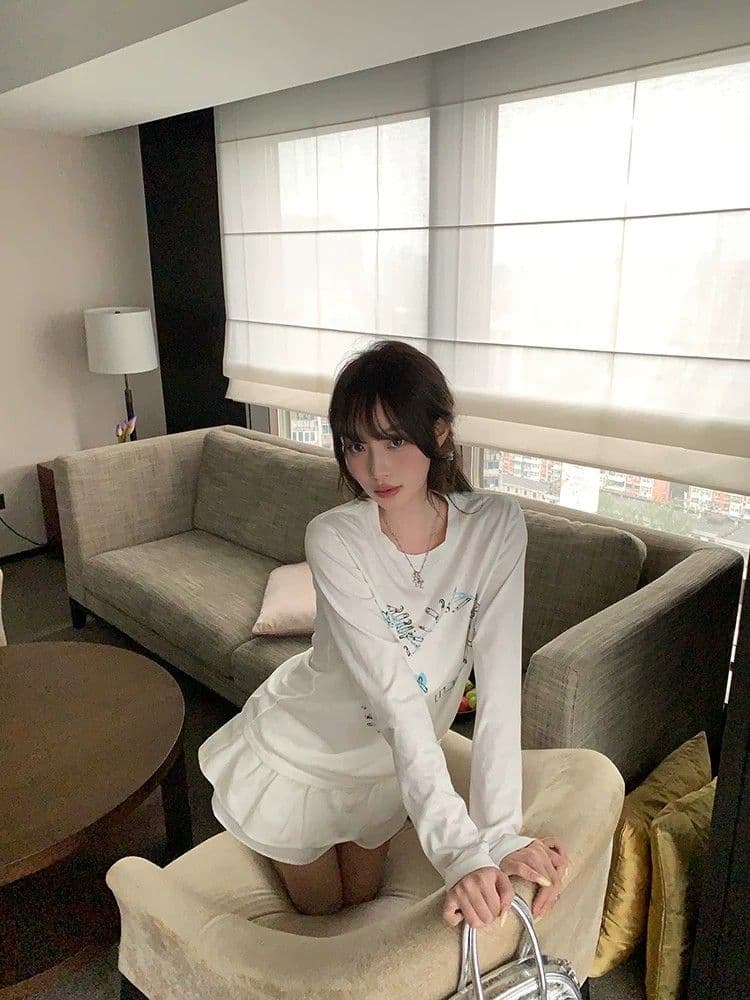 원본 것 하트 프린트 긴팔 티셔츠 여성 아름다운 쇼트 스타일 작은 맨위 상세 이미지 9