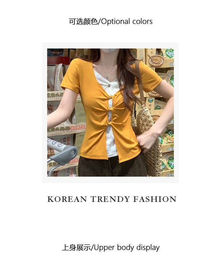 1 1 순면 리브 반팔 티셔츠 여성 여름 새로운 쇼트 스타일 몸매 가꾸기 레이스 페이크 레이어드 비틀림 맨위 상세 이미지 4
