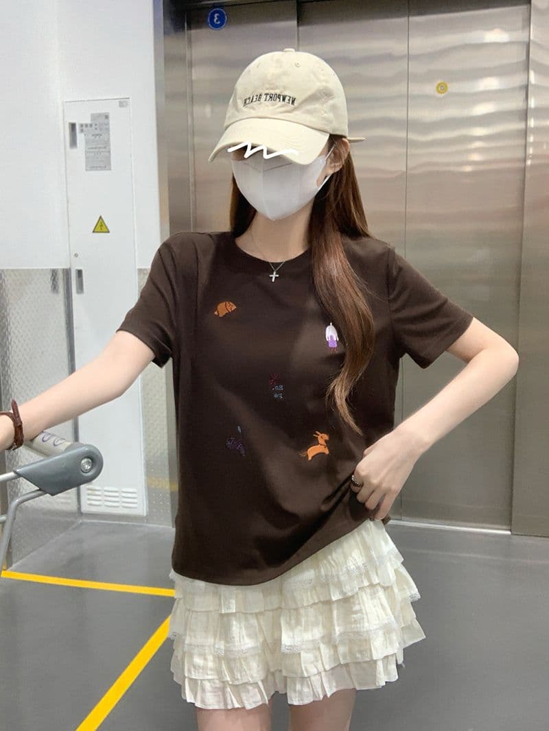 1 1 순면 리브 210 그램 반팔 티셔츠 여름 한 부서 만화 자수 라운드 넥 맨위 여성 의류 상세 이미지 15